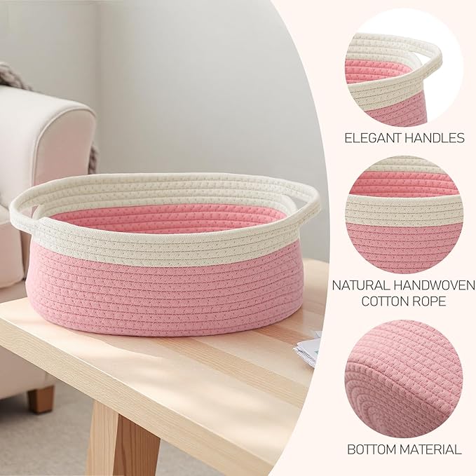 Woven Basket,Small Rope Storage Bin with Handles & Ribbon Bag, Organizer for Shelves Closets,Gift Basket Empty for Birthday,Books,Dog Toys, White&Pink/3 Pack