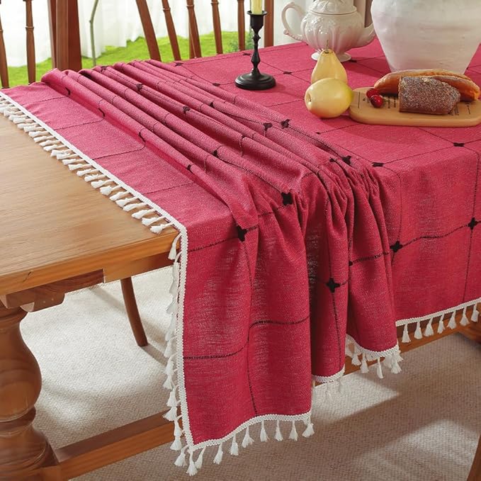 Pahajim Rustic Linen Tablecloth Cotton Rectangle Table Cloth for Kitchen Dining with Tassel Plaid Waterproof Tablecloths Rectangle/Oblong,55''x102'',8-10 Seats