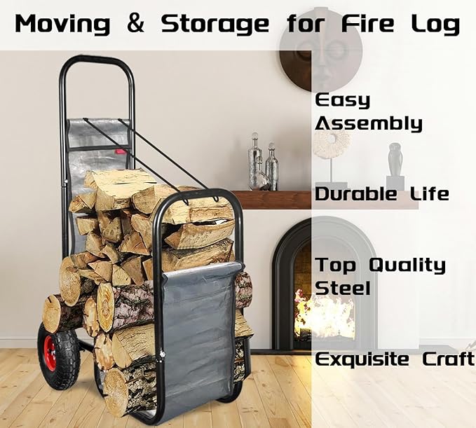 Firewood Cart with Pneumatic Wheel: 44 X 27 X 20 in Heavy Duty 220 lbs Load for Garden Backyard Fireplace Men Women Use