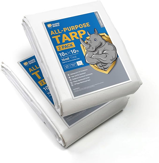 GUARD SHIELD Tarps Heavy Duty Waterproof 10x10 Feet White Poly Tarp Cover Square Outdoor Thick UV Resistant Tarpaulin with Grommets 10mil (2-Pack)