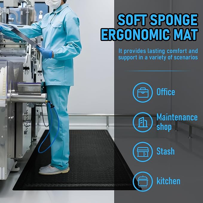2 x 6 FT Anti Fatigue Mats Industrial 15/16 Inch Thick Soft Sponge Ergonomic Mat Durable Heavy Duty Diamond Plate for Standing Non Slip Industrial Grade Floor Mat for Leg & Back Pain(Black)
