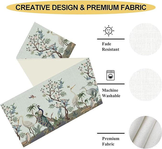 Blue Peacock Table Runner,Rustic Light Blue Crane Floral Branch Table Center Decor for Home Dining Kitchen Patio Holiday Party Indoor Table Decorations, 13"x90"