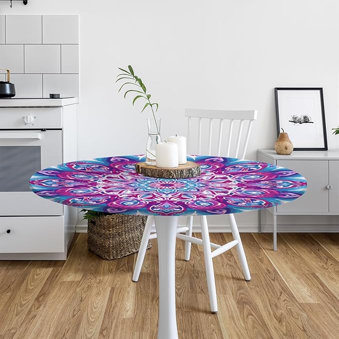 Mandala Vintage Flowers Round Table Cloth Cover, Elastic Edge Waterproof Wipeable Tablecloths 36"-42" Polyester Tablecloth for Party Restaurant Banquet Holiday Camping Outdoor Picnic