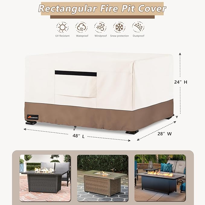 Fire Pit Cover Rectangular, Outdoor Heavy Duty 600D Tear-Resistant 100% Waterproof 48 Inch Fire Table Cover Rectangle, Patio Weatherproof Rectangular Fire Table Protector, Beige 48" L x 28" W x 24" H