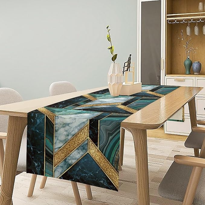 Marble Table Runner, Dark Green Gold Modern Mosaic Design Table Runner Decoration for Kitchen Family Dinner Table Holiday Party Farmhouse 13x90in