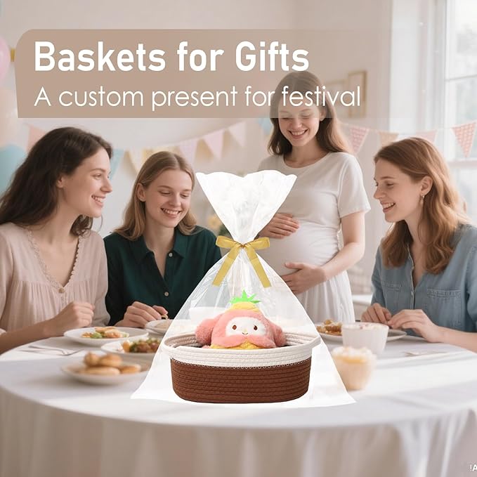 Woven Basket,Small Rope Storage Bin with Handles & Ribbon Bag, Organizer for Shelves Closets,Gift Basket Empty for Birthday,Books,Dog Toys, White&Brown