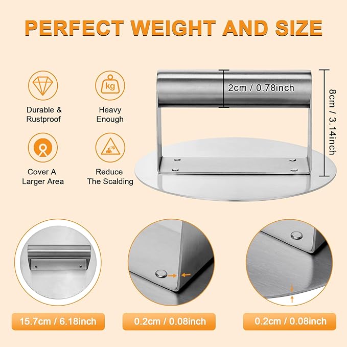 Stainless Steel Burger Press 6.2" Round Smash Burger Press- Pro Non-Stick Burger Smasher for Blackstone/Flat Top Grill, Perfect for Burgers, Bacon | Dishwasher Safe Grill Press