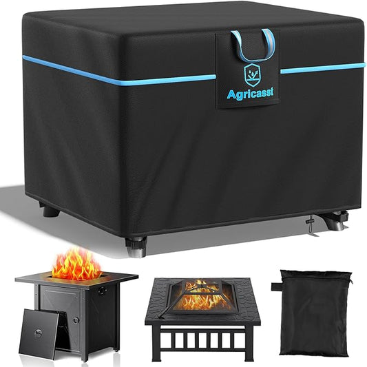 Square Fire Pit Cover for 29-32 Inch Fire Pit, 600D Heavy Duty Fire Table Cover Waterproof Patio Firepit Cover with Air Vent, Handle, 4 Windproof Buckles, Drawstring - 32''L x 32''W x 25''H