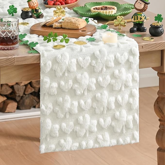 Artoid Mode White Soft Plush Faux Fur Jacquard Heart Clover St. Patrick's Day Table Runner, Seasonal Kitchen Dining Table Decoration for Home Party Decor 13x72 Inch