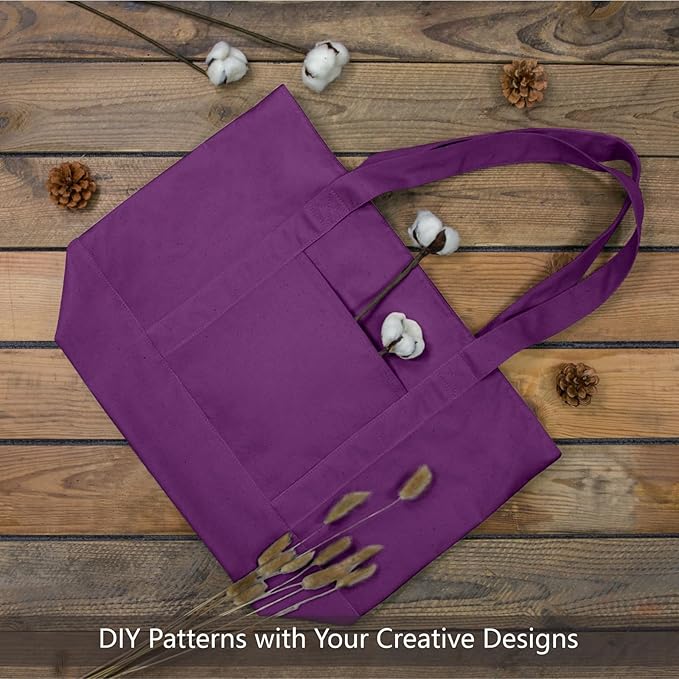 TOPDesign 3-Pack Canvas Tote Bags with an External Pocket, Reusable Grocery Shopping Bags, Top Zipper Closure, Daily Essentials (Purple)