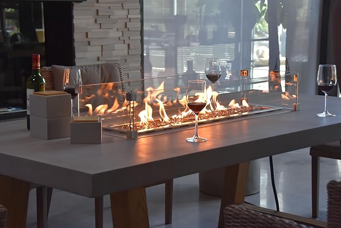 Elementi | Bundle Sonoma Gas Fire Pit Cast Concrete Rectangular Dining Fire Table, Outdoor Fire Pit Electronic Ignition | Canvas Cover, Lava Rock Included | Propane Gas