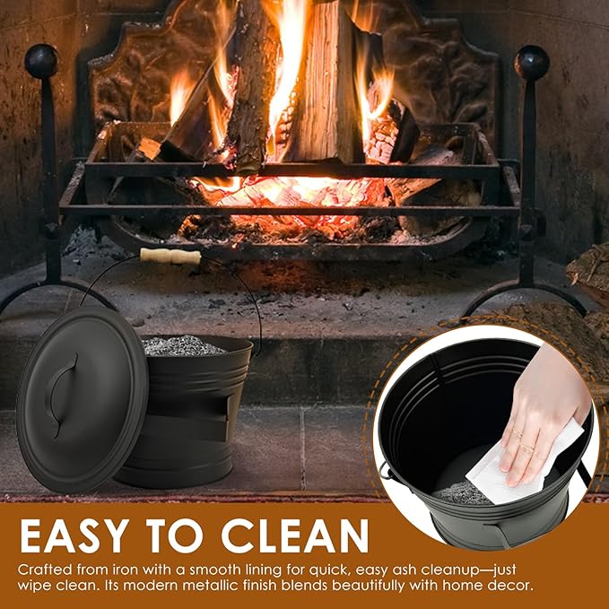 1.5 Gallon Ash Bucket with Lid and Shovel Broom Metal, Fireplace Ash Bucket, Complete Fireplace Tools Set for Fire Pit Grill Black(4 Pcs Set)