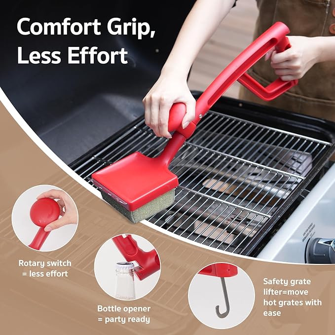 GASPRO Steam Grill Brush Bristle Free for Outdoor Grill, BBQ Cleaning Brush Set with 2 Replacement Heads, Heat-Activated Sponge & Scraper, Ergonomic Handle, Safe for Most Grates, Red