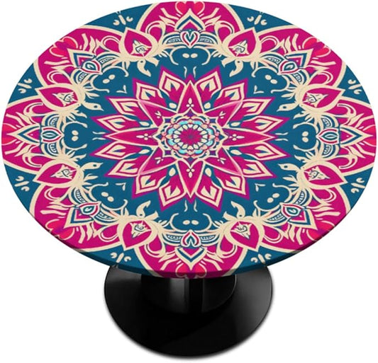 Beautiful Flower Mandala Round Table Cloth Cover, Elastic Edge Waterproof Wipeable Tablecloths 36"-42" Polyester Tablecloth for Party Restaurant Banquet Holiday Camping Outdoor Picnic