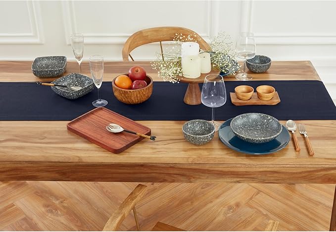 Solino Home Navy Blue Hemstitch Table Runner 48 Inches - 100% Pure Linen Small Table Runner 14 x 48 Inch Ideal for Dresser and Coffee Tables - Medium Weight, Winter