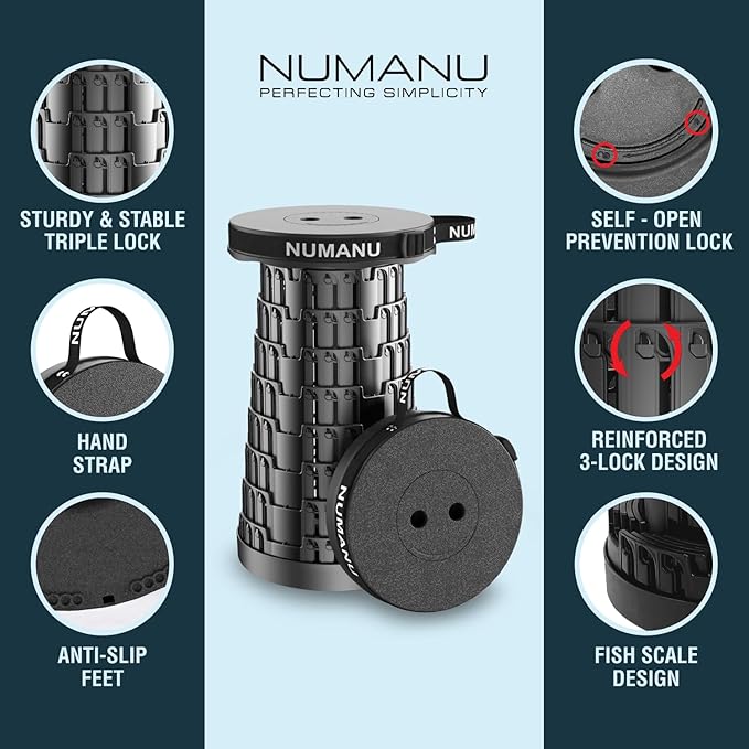 NUMANU 2PK 2025 Upgraded Collapsible Stool, Max 620lbs 2.5"-18" H Adjustable Portable Folding Stool for Adults, Retractable Foldable Telescopic Seat Camping Chair or Footrest (2PK Hard Seats)
