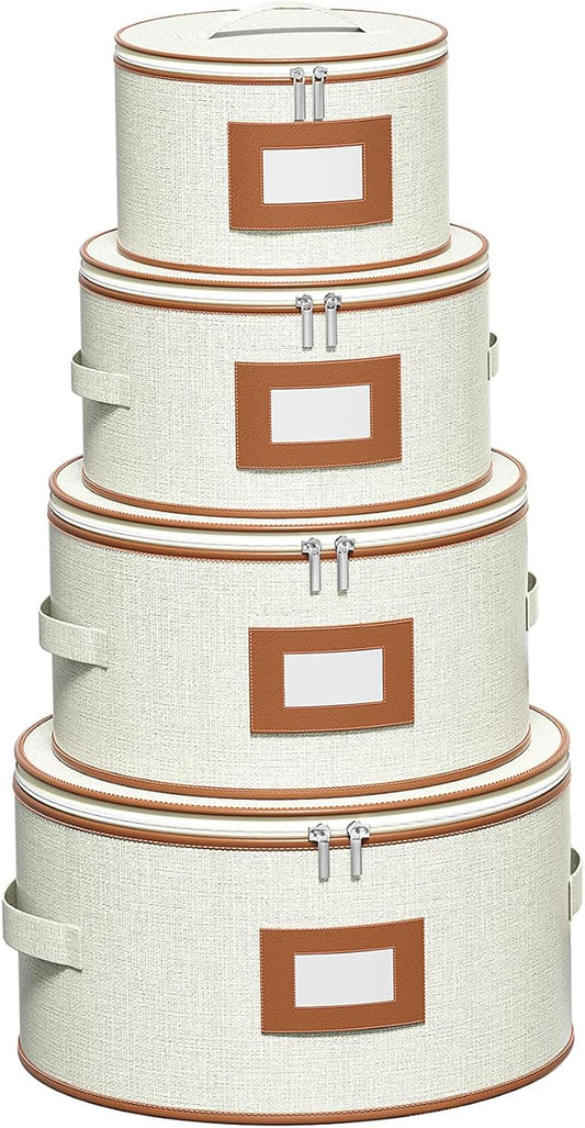 Aokeyee 4 Pcak China Storage Containers, Hard Shell Plates Storage Box with 48 Soft Divider for Saucer, Dessert, Salad, Dinner, Sturdy Quilted Stackable Dish Organizer for Moving & Protection, Ivory