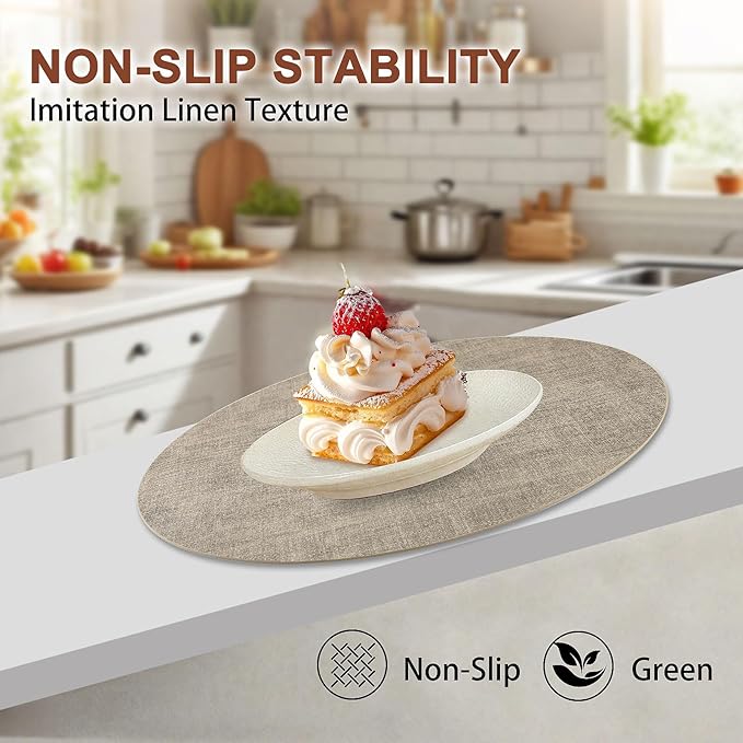 Round Faux Leather Placemats and Coasters, Set of 6, Reversible Heat Resistant Non-Slip Table Mats, Waterproof Wipeable Place Mats for Dining Table, Washable for Indoor & Outdoor (6, Light Brown)