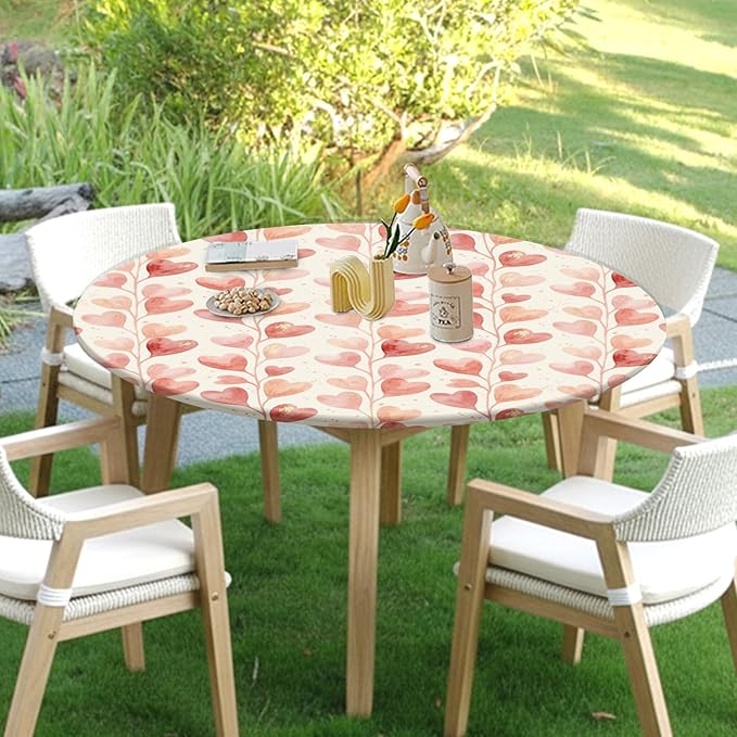 Valentines Day Round Fitted Tablecloth with Elastic Pink Love Heart Circle Table Cloth for 40-44" Round Tables Wipeable Waterproof Washable Valentine Hearts Table Cover for Picnic Dining Party Decor