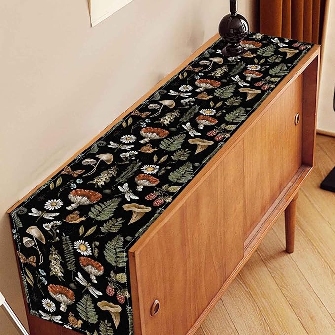 Mushroom Table Runner, Rustic Farmhouse Forest Plants Botanical Country Black Coffee Table Center Decor for Home Kitchen Dining Patio Holiday Party Indoor Outdoor Table Decorations, 13"x108" Inch