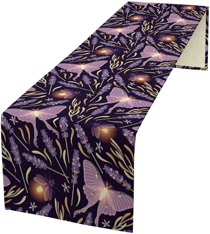 Purple Moth Table Runner,Retro Butterfly Flower Print Table Runner for Wedding Holiday Indoor Outdoor Party Home Decor 13x108in