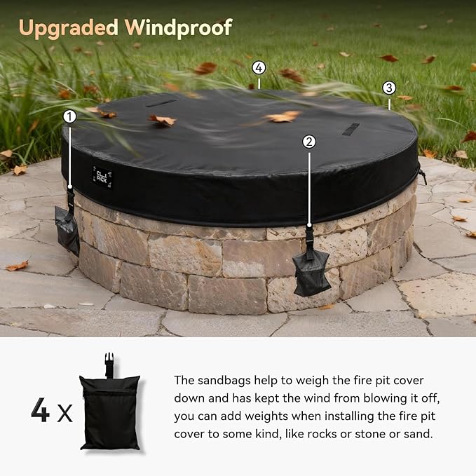 Outdoor Fire Pit Cover,In Ground Firepit Covers Round with Sandbag,600D Heavy Duty Waterproof and Tear-Resistant,Windproof,Suitable for 61-66 Inch Round Built in Stone Firepits,Black