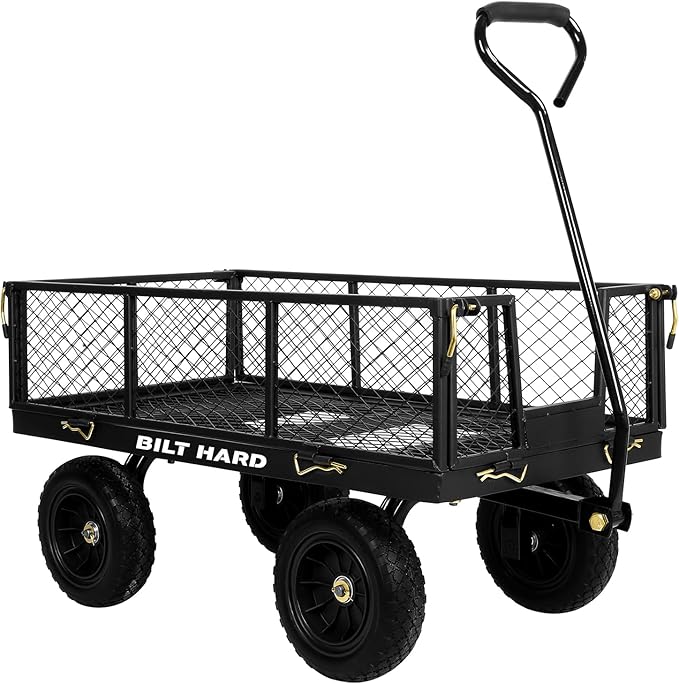 BILT HARD 10" Flat Free Tires Heavy Duty Garden Cart with 180° Rotating Handle and Removable Sides, 4 Cu.Ft 880 lbs Capacity Utility Steel Wagons for Outdoor, Yard