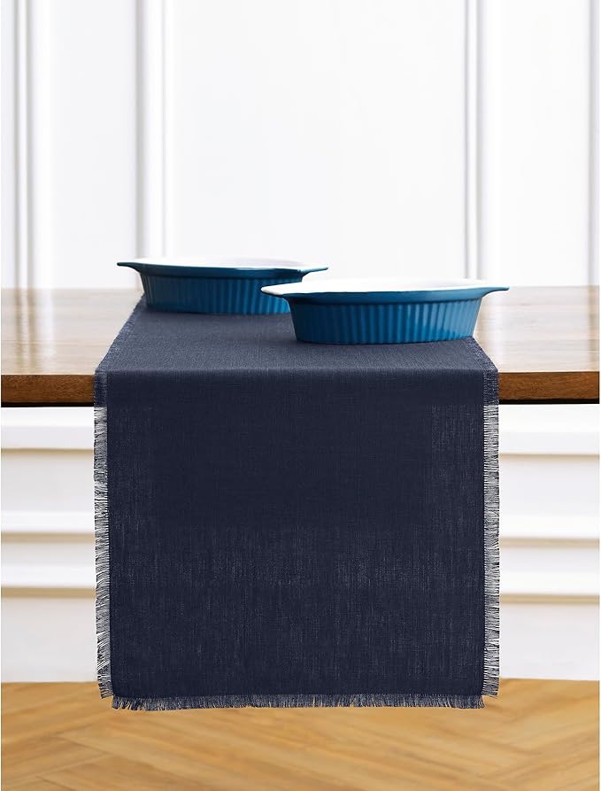 Solino Home Linen Navy Blue Table Runner 48 Inches - Fringe, 100% Pure Linen Short Table Runner 14 x 48 Inch Ideal for Dresser and Coffee Tables - Winter