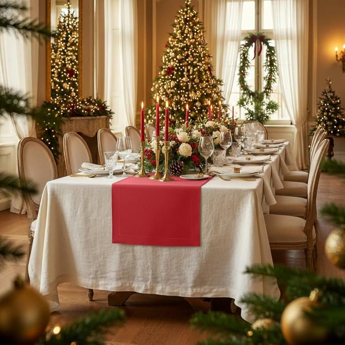 D'Moksha Homes Linen Bright Red Table Runner 108 Inches Long - 100% Pure Linen Dining Table Runner 14 x 108 Inch for Valentines, Holiday - Machine Washable
