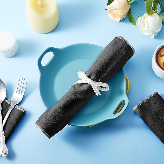 Hillban 12 Pcs Anti Tarnish Silver Storage Bags Silver Storage Cloth Felt Flatware Organizer Anti Tarnish Protector Bags Place Setting Roll with White Ribbon for Kitchen Cutlery (12 Slots,Black)