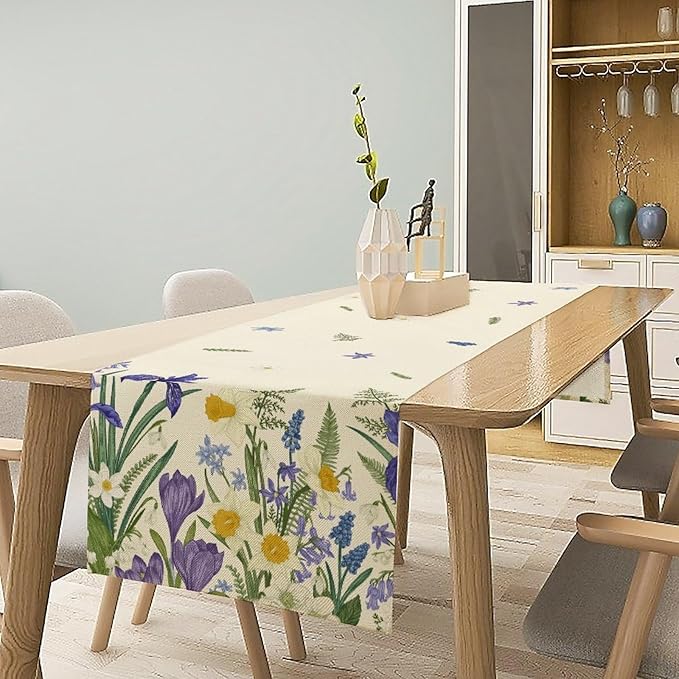 Wildflowers Table Runner,Spring Purple Floral Summer Seasons Daisy Flower Print Kitchen Dining Table Decoration for Home Farmhouse Party 13x60in