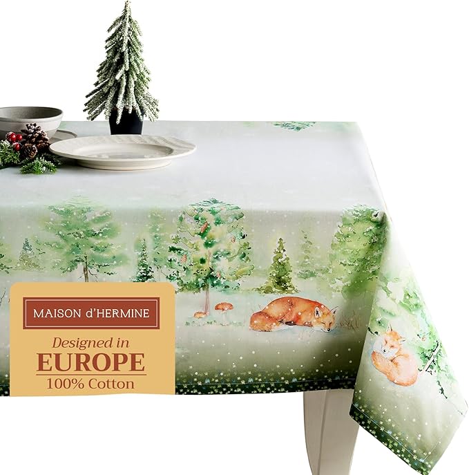Maison d' Hermine Table Cloth Rectangle Table 100% Cotton 70 x 120 Inches Fall Tablecloth Reusable Everyday Use for Thanksgiving Christmas Decorations Dining Farmhouse Party (Winter Mornings)