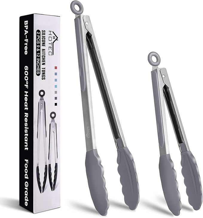 HOTEC Premium Stainless Steel Locking Kitchen Tongs with Silicon Tips, Set of 2-9" and 12" Light Grey