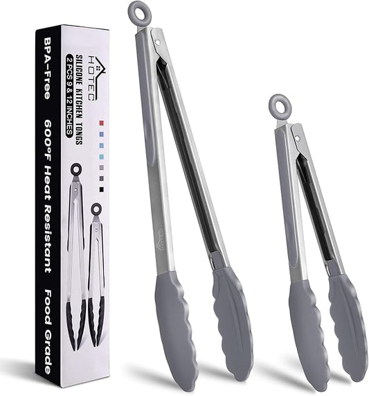 HOTEC Premium Stainless Steel Locking Kitchen Tongs with Silicon Tips, Set of 2-9" and 12" Light Grey