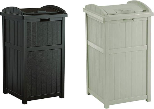 Suncast 2 Pack 33 Gallon Durable Plastic Hideaway Outdoor Garbage Can with Secure Lid and Wicker Design for Home Backyards, 1 Java Brown and 1 Taupe