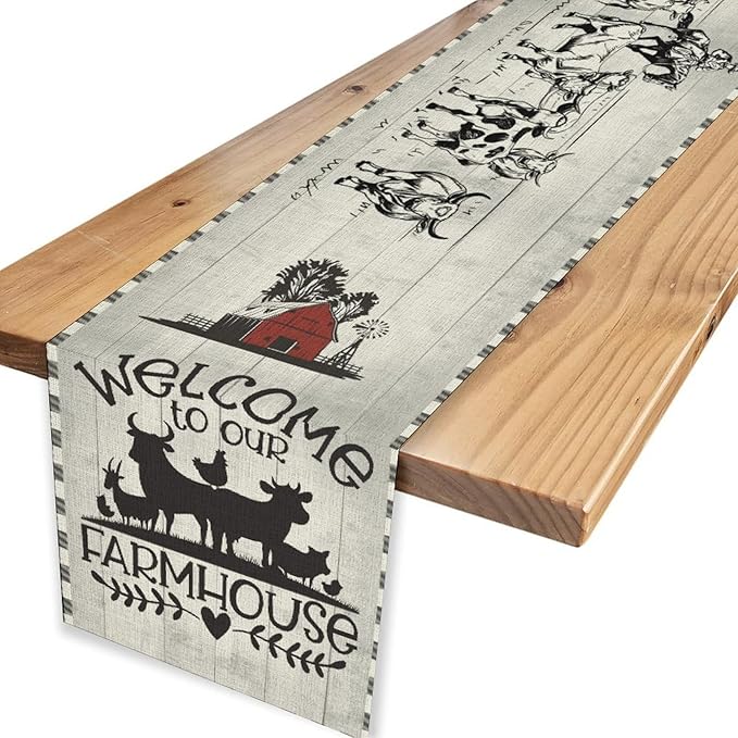 Farmhouse Cow Table Runner, Rustic Rooster Sheep Black White Plaid Animals Farm Coffee Table Center Decor for Home Kitchen Dining Patio Holiday Party Indoor Outdoor Table Decorations, 13"x90"