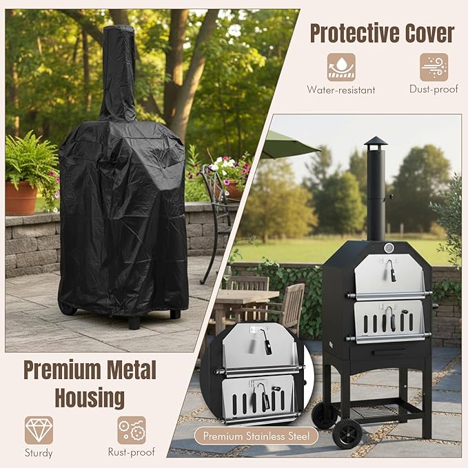 Outdoor Wood Fired Pizza Oven with Firewood Storage, Side Shelves, Cordierite Pizza Stone & Peel, 2 Cooking Grills, Thermometer, Portable Patio Pizza Maker for Backyard Parties and Camping
