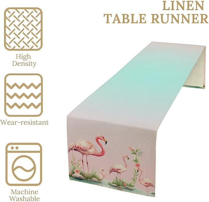 Flamingo Table Runner,Teal Pink Flamingo Family with Flowers Grass Watercolor Style Table Center Decor for Family Kitchen and Living Room Outdoor Farmhouse Party Table Decorations, 13"x36"