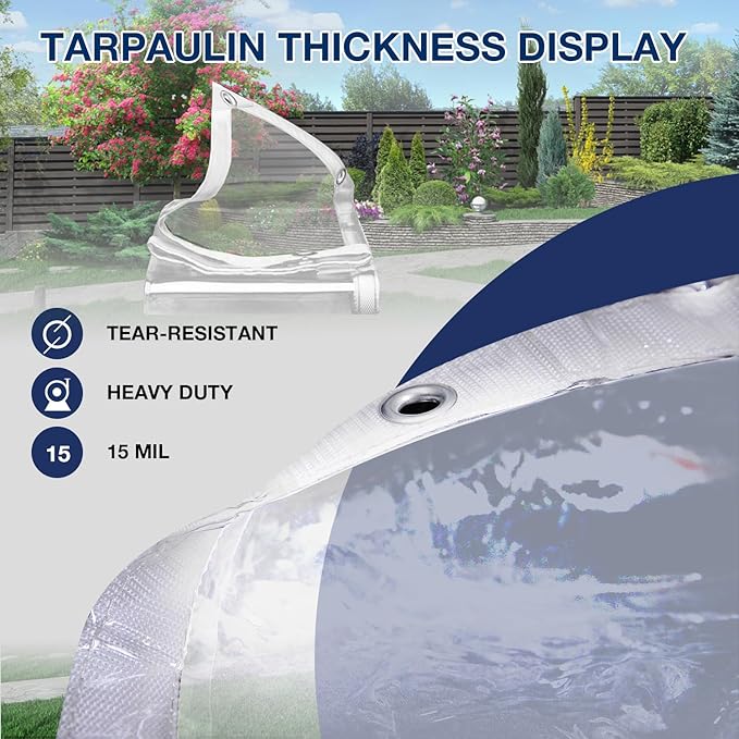 Clear Tarp 8' x 8', 15 Oz Clear Vinyl PVC Tarp Waterproof Tarpaulin 100% Transparent PVC Tarps Upgrade to Double The Cold Resistance-Temperature from -5°F to 140°F