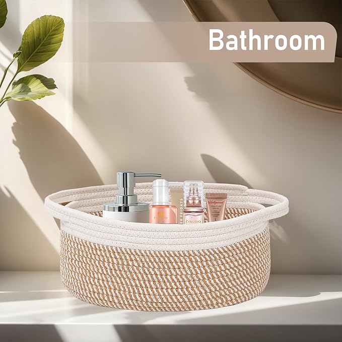 Woven Basket,Small Rope Storage Bin with Handles & Ribbon Bag, Organizer for Shelves Closets,Gift Basket Empty for Birthday,Books,Dog Toys, White&Brown Block/3 Pack