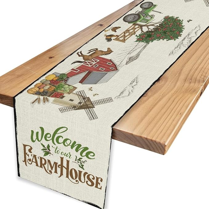 Farmhouse Horse Table Runner, Rustic Rooster Truck Tree Butterfly Animals Coffee Table Center Decor for Family Kitchen and Living Room Outdoor Country Holiday Party Table Decorations, 13" X 36"