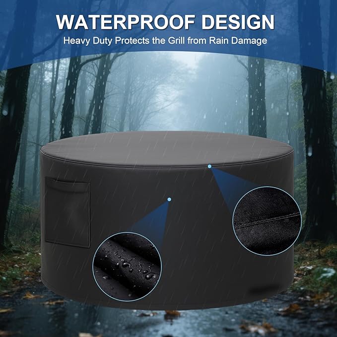 50" Dia X 24" H Fire Pit Round Cover, Outdoor Firepit Cover for 48-50 inch Fire Pit Table, Heavy Duty Polyester with PVC Coating Material, Waterproof, Tear Resistant with Drawstring, Air Vent