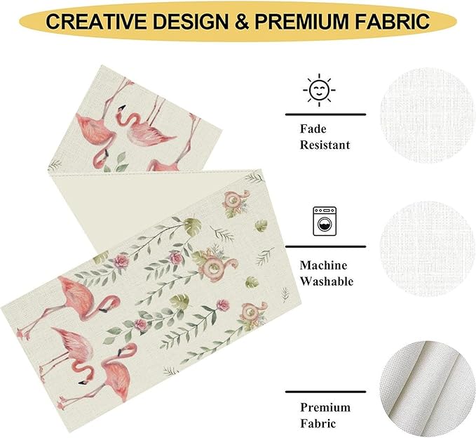 Flamingo Table Runner,Rustic Boho Grey Leaf Pink Rose Floral Tropical Bird Pattern Table Center Decor for Family Kitchen and Living Room Outdoor Farmhouse Party Table Decorations, 13"x108"