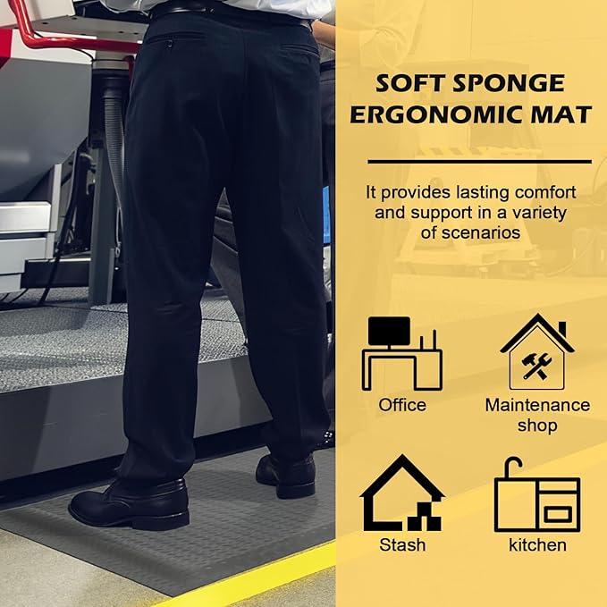 3 x 5 FT Anti Fatigue Mats Industrial 15/16 Inch Thick Soft Sponge Ergonomic Mat Durable Heavy Duty Diamond Plate for Standing Non Slip Industrial Grade Floor Mat for Leg & Back Pain (Gray)