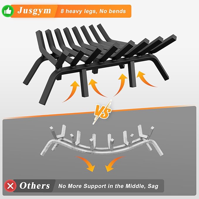 Fireplace Grate 24 Inch with 8 Support Legs, Solid Steel Heavy Duty Fireplace Log Holder with Fire Log Tongs & Fire Poker, Fireplace Log Grate for Indoor Fireplace and Outdoor In-ground Firepit