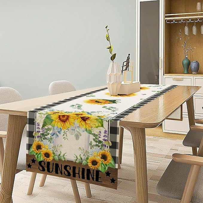 Sunflower Table Runner, Buffalo Floral Seasons Spring Summer Fall Table Runner for Kitchen Dining Farmhouse Home Party Outdoor 13x36in