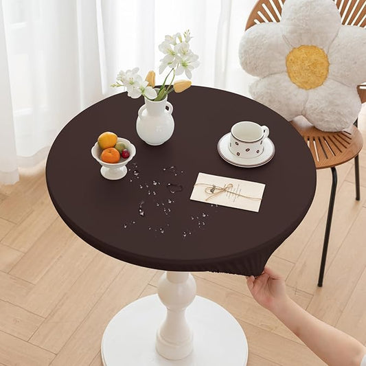 Round Fitted PU Tablecloth with High Elastic Edge 51 Inch Dia Waterproof Oil Proof Table Cloth Anti-Scald Stain-Resistant Wipeable Table Cover for Indoor Outdoor Picnic (Coffee,51" Dia)