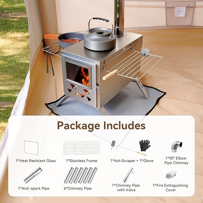 Hot Tent Stove, Camping Wood Burning Stove with 8 Stainless Chimney Pipes, Folding Portable Wood Stove for Tent, Outdoor Heating, Cooking, Ice Fishing, Hunting