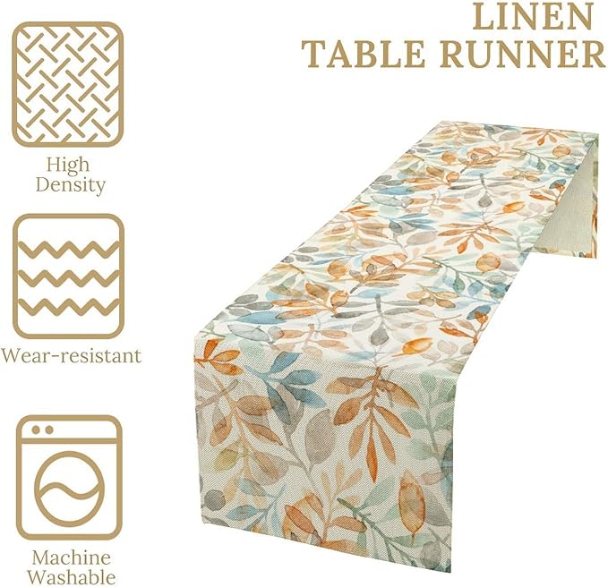 Fall Eucalyptus Leaf Table Runner, Autumn Orange Blue Leaves Harvest Thanksgiving Table Runner for Holiday Dining Room Kitchen Table Party Decoration, 13x70inch