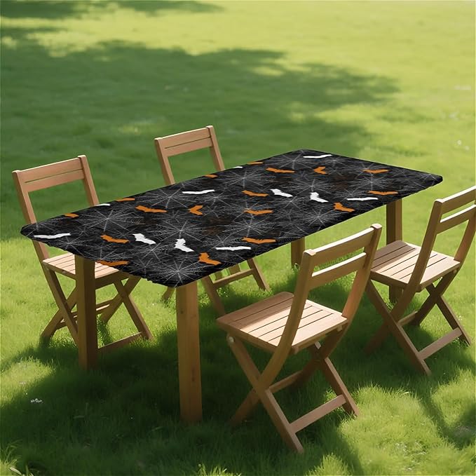 Rectangle Table Cloth Cover Waterproof Elastic Fitted Polyester Fitted Tablecloths for 8 Foot Tables for Indoor,Picnic, Camping, Outdoor （96" x 30"，Halloween）